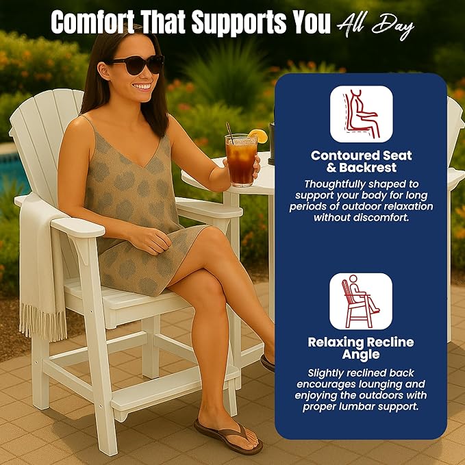 Phat Tommy Tall Adirondack Chair - HDPE Outdoor Furniture - Poly Adirondack Bar Stool - Heavy, Stress Free Furniture for Balcony, Deck, Patio, Front Porch, White