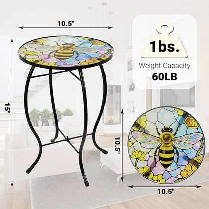 Small Side Table with Metal Frame, 10.5" Round Side Tables with Bee Pattern,Outdoor Table for Balcony,Terrace,Garden,Living Room