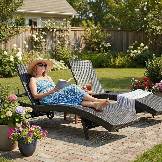 Wicker Outdoor Lounge Chairs with Rolling Wheels, Pool Lounge Chairs Set of 4 - Photo 8