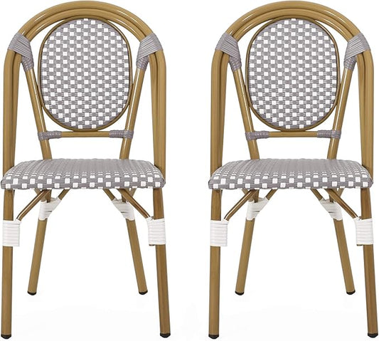 Christopher Knight Home Gwendolyn Outdoor French Bistro Chairs (Set of 2), Gray + White + Bamboo Print Finish