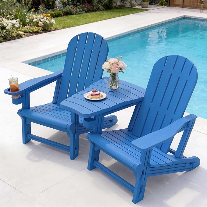 Vongrasig Adirondack Chairs Set of 2 with Removable Tabletop, All-Weather HDPE Outdoor Chair Set with Wooden Textured, Cup Holder for Patio, Poolside, Deck, Garden, Light Blue