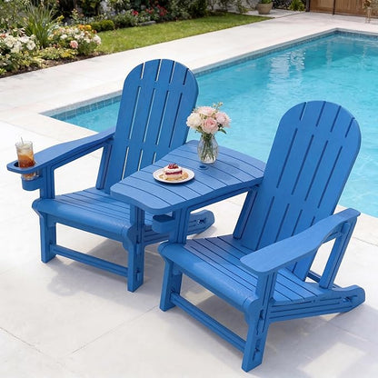 Vongrasig Adirondack Chairs Set of 2 with Removable Tabletop, All-Weather HDPE Outdoor Chair Set with Wooden Textured, Cup Holder for Patio, Poolside, Deck, Garden, Light Blue