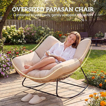 Outsunny Papasan Rocking Chair, Wicker Oversized Indoor Outdoor Rocking Chair with Cushion, PE Rattan Padded Outdoor Rocker Egg Chairs for Living Room, Garden, Patio, Balcony, Cream White