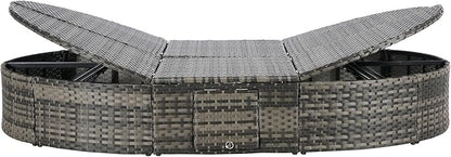 JOSHEN 78" Outdoor Chaise Lounge Chair,Patio Round Daybed,Reclining Wicker Rattan Sun Bed with Adjustable Backrests and Foldable Cup Trays for Backyard,Poolside,Light Gray