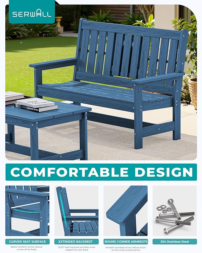 SERWALL Outdoor Bench with Cup Holder, 58" HDPE Front Porch Bench Suitable for 3 Person - Photo 6