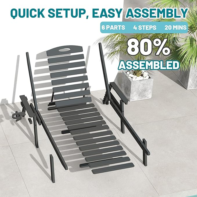 Outdoor Lounge Chairs, 78'' Long Patio Lounge Chair HDPE 5-Position Adjustable with Cup Holder & Rolling Wheels, Pool Lounge Chair for Sunbathing Tanning, Deck, Poolside -Grey