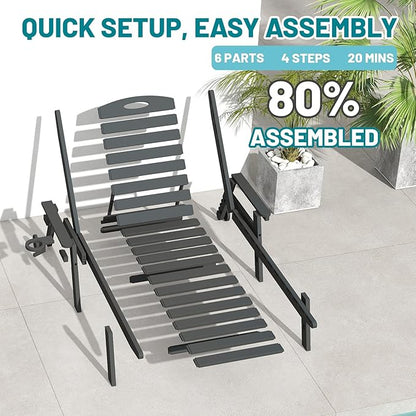 Outdoor Lounge Chairs, 78'' Long Patio Lounge Chair HDPE 5-Position Adjustable with Cup Holder & Rolling Wheels, Pool Lounge Chair for Sunbathing Tanning, Deck, Poolside -Grey