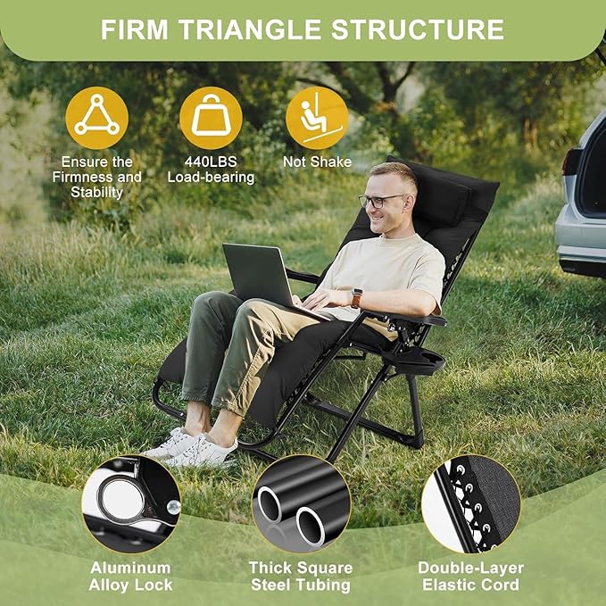 Zero Lounge Chair Supports 440 Lbs, Indoor/Outdoor Adjustable Folding Recliner with 29 Inch Seat, Removable Cup Holder & Headrest Black