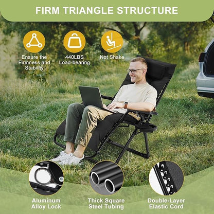 Zero Lounge Chair Supports 440 Lbs, Indoor/Outdoor Adjustable Folding Recliner with 29 Inch Seat, Removable Cup Holder & Headrest Black