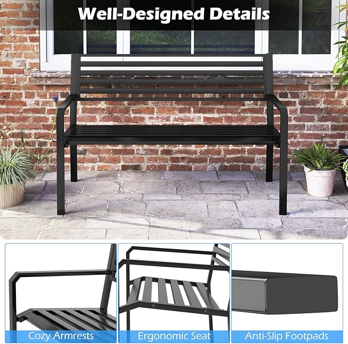 Tangkula 50” Outdoor Metal Park Bench, Patio Slatted Garden Bench for 2-3 People with Armrests & Backrest, Heavy-Duty Modern Seating for Backyard, Poolside, Porch
