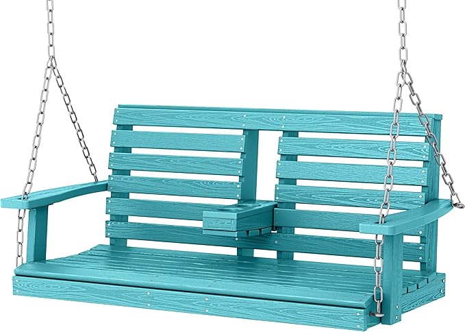 KINGYES Outdoor Hanging Porch Swing, 2 Seat Patio Swing Chair with Cup Holders - Photo 1