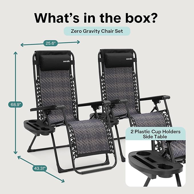 SereneLife Zero Gravity Lounge Chair Set of 2 – Outdoor Reclining Patio Chairs with Rattan Side Table - Photo 2