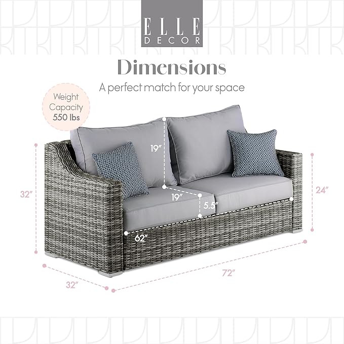 Elle Decor Vallauris Patio Outdoor Furniture Collection, Premium All Weather Wicker, Sofa, Gray - Photo 3