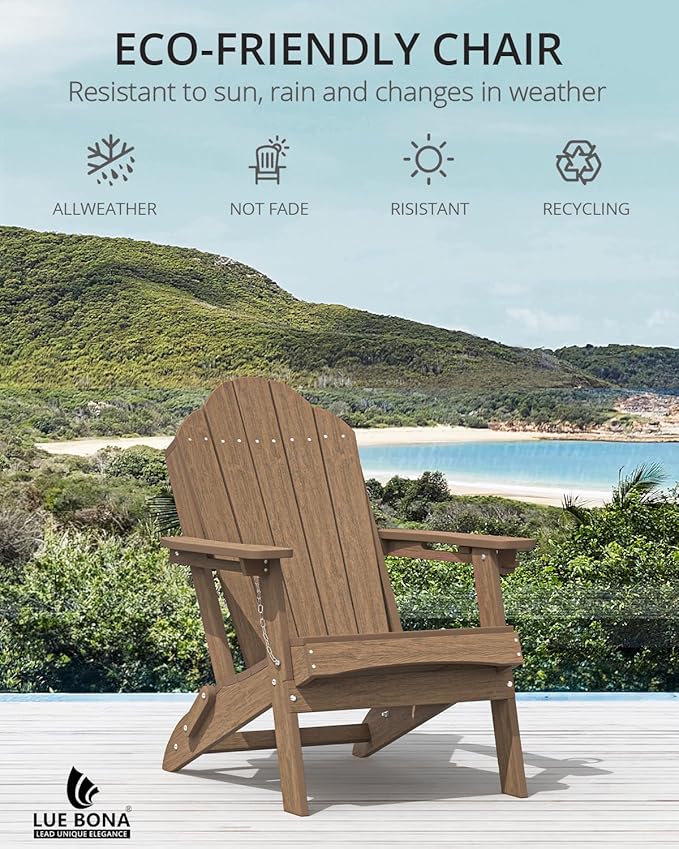 LUE BONA Folding Adirondack Chair, Chairs Set of 6, Cup Holder, Woodgrain, Fire Pit, Patio, Pool, Brown - Photo 5