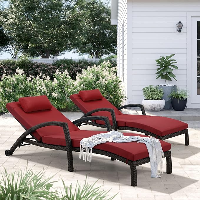 HOMREST Chaise Lounge Chairs Set of 2, PE Rattan Wicker Patio Lounge Chair with Adjustable 5 Position, Arm and Wheels for Poolside Backyard Deck Porch,Wine red