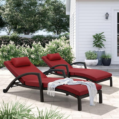 HOMREST Chaise Lounge Chairs Set of 2, PE Rattan Wicker Patio Lounge Chair with Adjustable 5 Position, Arm and Wheels for Poolside Backyard Deck Porch,Wine red