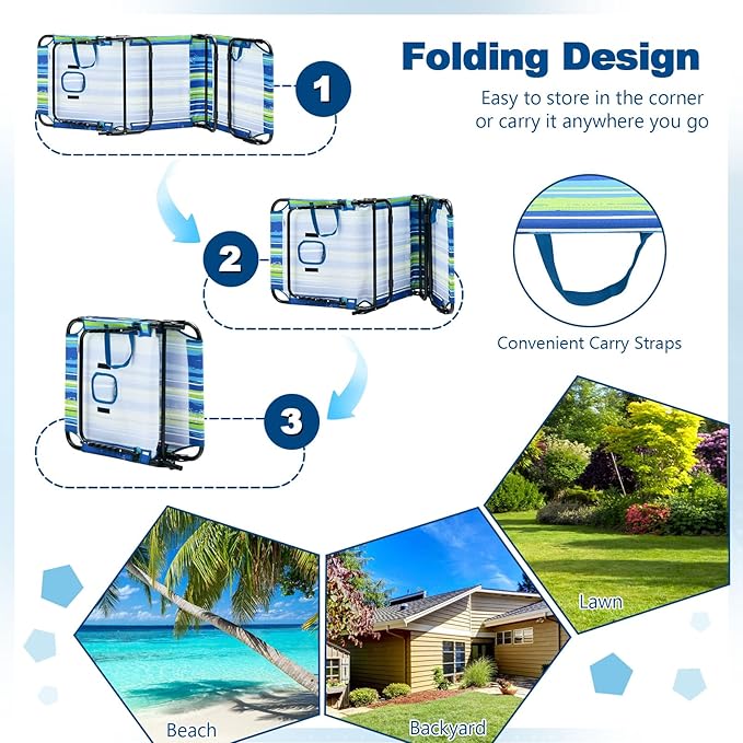 Giantex Tanning Chair, Folding Beach Chair, Adjustable Patio Lounge Chair with Face Hole, Removable Pillows, Carry Strap, Layout Chair, Set of 2 Outdoor Chaise Lounger for Poolside Yard Lawn