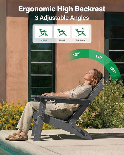 YEFU Adirondack Chairs Set of 2 for Outdoor: Folding Plastic Fire Pit Chair with Cup Holders & Adjustable Backrest - Sturdy All-Weather HDPE for Patio Lawn - Easy Assembly(Grey)