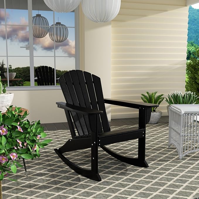 Costaelm Outdoor Adirondack Chair, All Weather Resistant Lawn Chairs Balcony Chair and Fire Pit Chairs, Deck Chairs Outdoor Porch Rocking Chair High Back HDPE Poly Lumber, Black