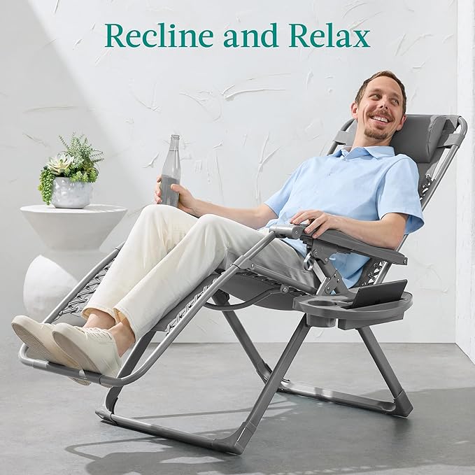 Best Choice Products Adjustable Zero Gravity Chair, Monochromatic Color Folding Patio Recliner w/Side Tray, Headrest - Dove Gray