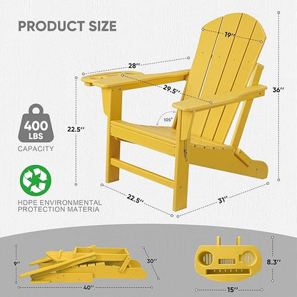 FOOWIN Adirondack Chair, HDPE Folding Adirondack Chair w/4 in 1 Cup Holder Trays,Weather Resistant Outdoor Chair, Fire Pit Chairs for Patio Lawn Garden Backyard Deck Yellow