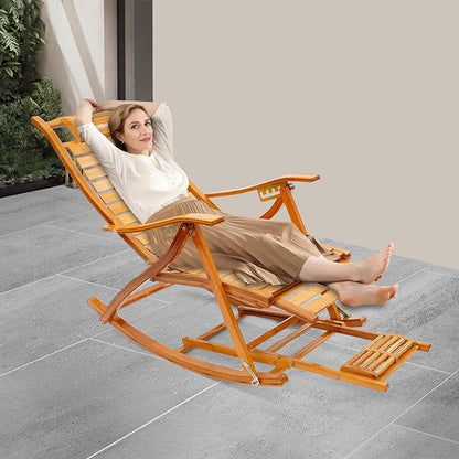 Foldable Bamboo Rocking Chair, Adjustable Back Patio Reclining Chair with Seat Cushion & Foot Massager, Foldable Outdoor Chaise Lounge Chair for Backyard Yard Pool Beach Load Capacity 330Lbs