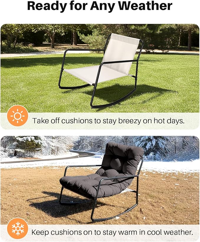 Outdoor Rocking Chair Set, 2-Piece Metal Patio Bistro Set with Patio Rocker Chair and Round Side Table, Outdoor Papasan Chair with Padded Cushion for Living Room, Apartment, Indoor, Dark Grey