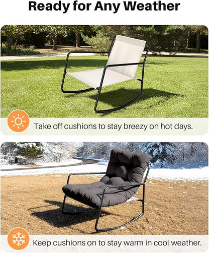 Outdoor Rocking Chair Set, 2-Piece Metal Patio Bistro Set with Patio Rocker Chair and Round Side Table, Outdoor Papasan Chair with Padded Cushion for Living Room, Apartment, Indoor, Dark Grey