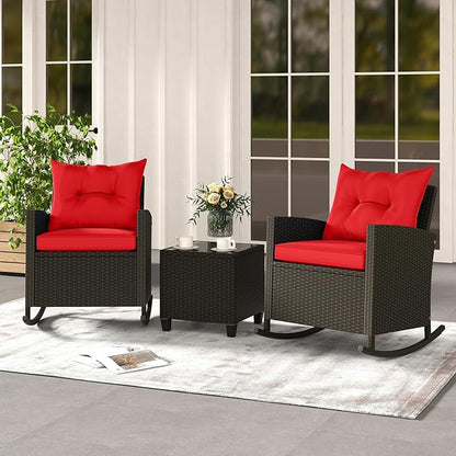 Tangkula 3 Piece Wicker Rocking Set, Patio Rattan Roker Chairs with Tempered Glass Table & Soft Cushions, Outdoor Furniture Set for Backyard, Poolside Porch (Red)