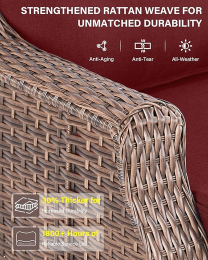 Belord 6" Thick Cushion Outdoor Swivel Rocker Patio Chairs Set of 2,3 Piece Wicker Patio Bistro Set with Side Table and Comfort High Back Outdoor Patio Glider Chair Brown Wicker/Red Cushion