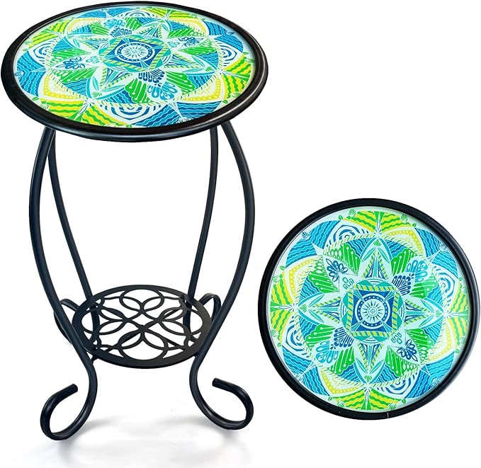 HONGLAND Mosaic Outdoor Side Table, 14" Round Patio Side Table, Mosaic Plant Stand, End Table W/Storage Shelf, Small Bistro Coffee Table for Garden Yard Porch Living Room(Green)