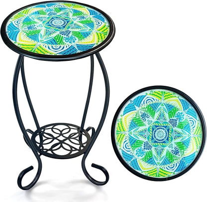 HONGLAND Mosaic Outdoor Side Table, 14" Round Patio Side Table, Mosaic Plant Stand, End Table W/Storage Shelf, Small Bistro Coffee Table for Garden Yard Porch Living Room(Green)