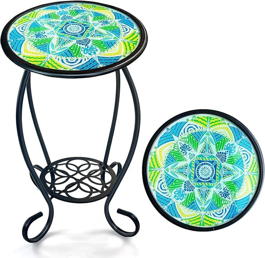 HONGLAND Mosaic Outdoor Side Table, 14" Round Patio Side Table, Mosaic Plant Stand, End Table W/Storage Shelf, Small Bistro Coffee Table for Garden Yard Porch Living Room(Green)