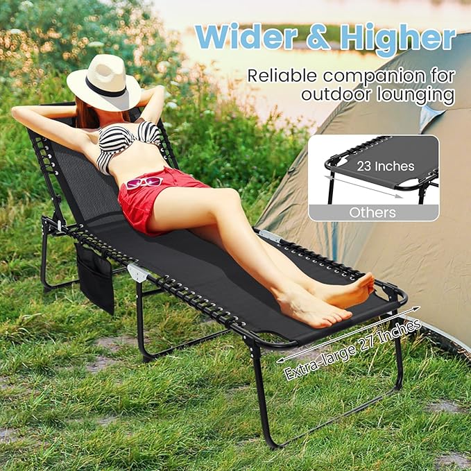 Giantex Lounge Chair Outdoor, Folding Tanning Chair with 4 Adjustable Positions, Removable Headrest, Footrest, Side Pocket, Load 440 Lbs, Portable Recliner for Lawn, Yard, Beach, Sunbathing (2, Black)