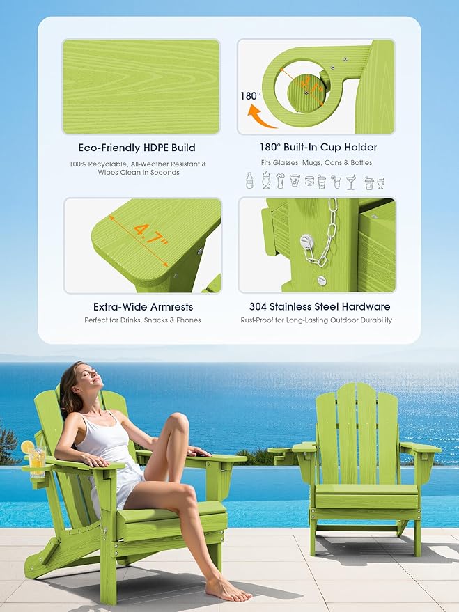 KINGYES Adjustable Folding Adirondack Chair, 3-Position Reclining Adirondack Chairs with Cup Holder - Photo 5