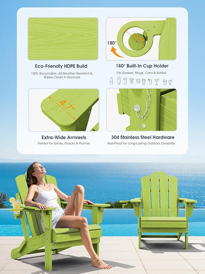 KINGYES Adjustable Folding Adirondack Chairs Set of 2, 3-Position Reclining Adirondack Chair with Cup Holder, HDPE All-Weather Oversized Adirondack for Outdoor, Patio, Deck, Fire Pit, Apple Green