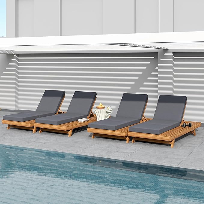 2-Piece Patio Lounge Chair Set with Side Space, Outdoor Chaise Lounge Adjustable & Breathable Acacia Wood Frame, Water-Resistant Cushions(Dark Gray & 4 Inch Thick & Triple FOLD)