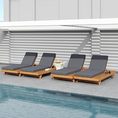 2-Piece Patio Lounge Chair Set with Side Space, Outdoor Chaise Lounge Adjustable & Breathable Acacia Wood Frame, Water-Resistant Cushions(Dark Gray & 4 Inch Thick & Triple FOLD)