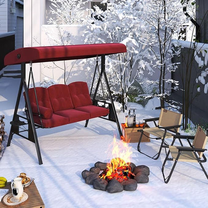 AECOJOY Outdoor Porch Swing, 3-Seat Porch Swing with Adjustable Canopy, Outdoor Swings for Adult with Burgundy Removable Cushions for Backyard, Garden, Yard, Poolside, Balcony