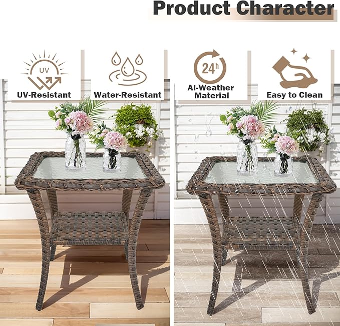 HUMMUH Patio Side Table Outdoor PE Wicker,Rattan End Table Glass Top Coffee Table with Storage Brown