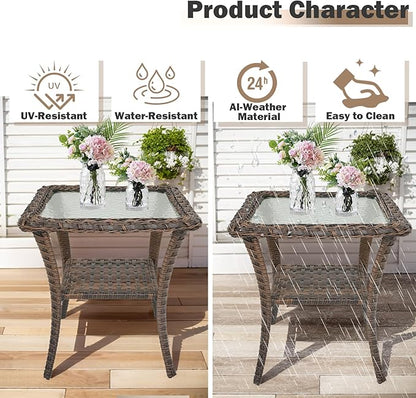 HUMMUH Patio Side Table Outdoor PE Wicker,Rattan End Table Glass Top Coffee Table with Storage Brown