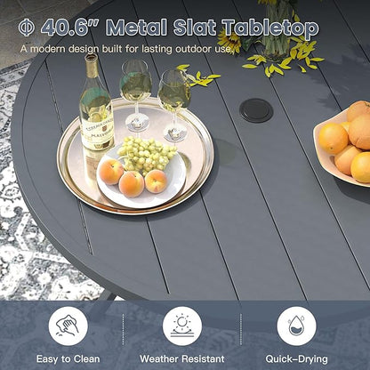 VICLLAX 40.6" Round Metal Outdoor Dining Table for 4, Patio Table with Umbrella Hole and Storage Shelf for Garden, Lawn, Deck, Dark Grey