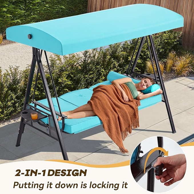 3 in 1 Outdoor Porch Swing with Adjustable Canopy, 3 Seat Outdoor Swing for Adults - Photo 2