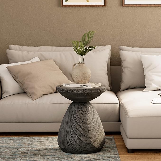 HOMPUS Outdoor Side Table, Lightweight Accent Table Mushroom Shaped, Round End Tables with Concrete Finish, Modern Vintage Mgo Patio Tables, Tree Stump Stool for Indoor Outdoor Use, Grey