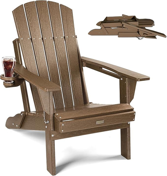 Adirondack Chair with Cup Holder: Folding Adirondack Chairs Plastic HDPE Material Furniture - Composite Fire Pit Chairs Foldable for Outdoor/Backyard/Garden/Lawn/Deck/Porch/Patio