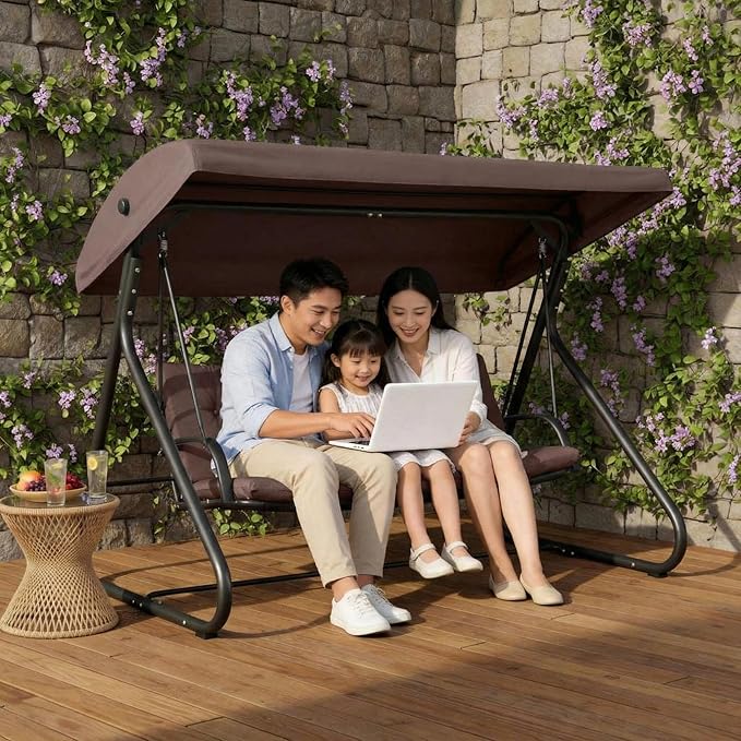 3-Seat Outdoor Convertible Swing Glider with Adjustable Canopy, 2-in-1 Bench to Flat Bed, Removable Cushions - Photo 1