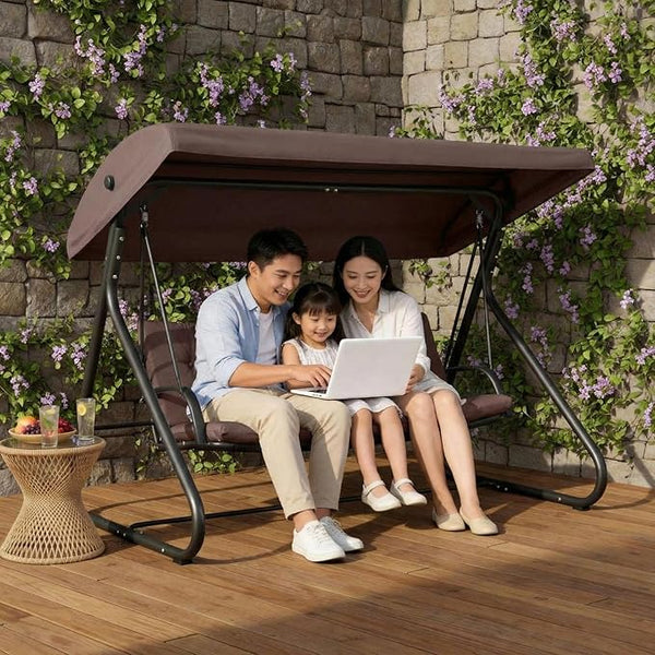 3-Seat Outdoor Convertible Swing Glider with Adjustable Canopy, 2-in-1 Bench to Flat Bed, Removable Cushions, Heavy-Duty Metal Frame, 750 LBS Weight Capacity for Patio, Backyard, Porch, Garden, Brown