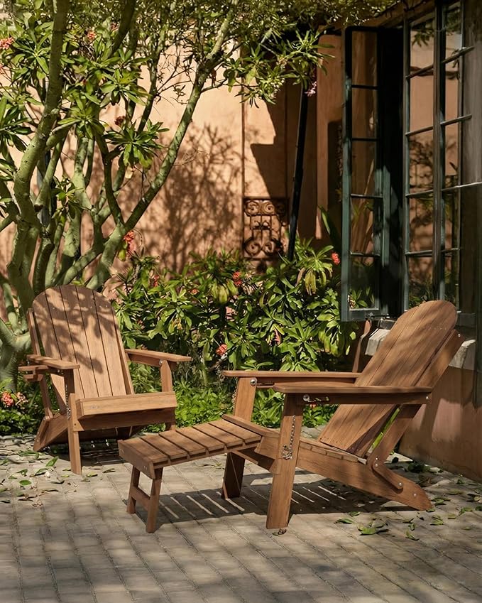 YEFU Adirondack Chair with Ottoman Outside: Adjustable Folding Adirondack Chairs Set of 4 - Fire Pit Chairs with Cup Holder - Sturdy HDPE Plastic All Weather for Patio/Fire Pit/Deck(Shallow Walnut)