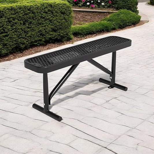 4ft Outdoor Metal Park Bench, 48" Backless Heavy-Duty Commercial Black Garden Bench with Expanded Steel Mesh Seat, Weatherproof Park Patio Dining Table Bench for Backyard Lawn School Porch Deck