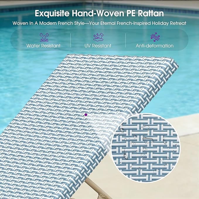 PURPLE LEAF Extra Large Patio Chaise Lounge 2 Pieces French Outdoor Wicker Lounger Matte White Aluminum Frame 771LBS Capacity PE Rattan Adjustable Backrest for Pool Garden Beach Backyard Light Blue